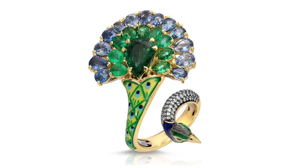An 18-karat yellow gold peacock ring by Lord Jewelry, set with emeralds, sapphires, and diamonds, and accented by intricate enamel work Lord Jewelry peacock ring